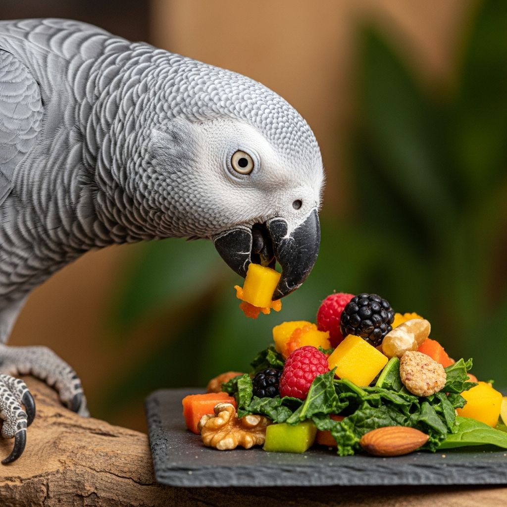 Learn proper nutrition and feeding guidelines for African Grey parrots.