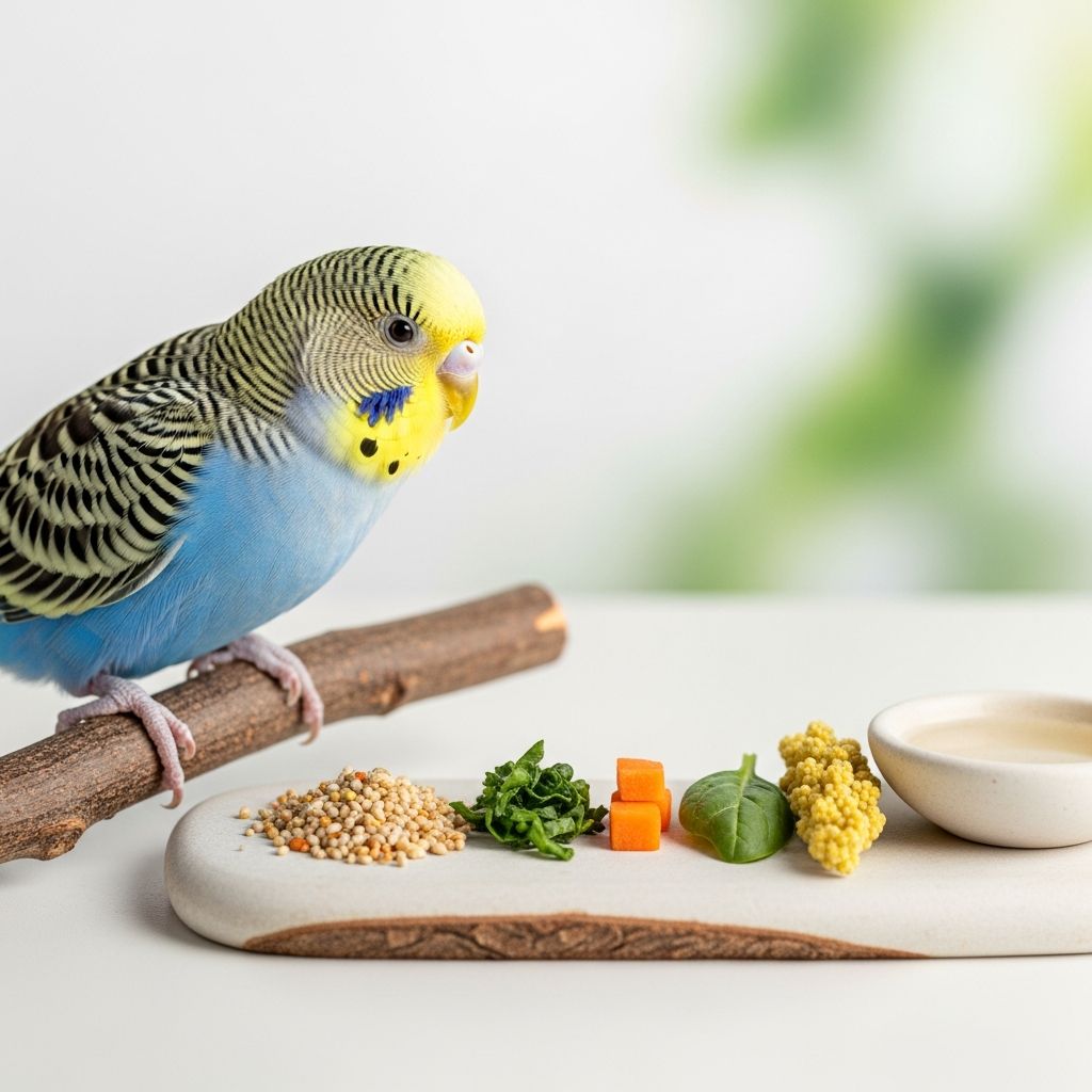 Baby Budgie & Budgie Balanced Food Guide Complete nutrition guide for baby budgies and adult parakeets with balanced diet recommendations.