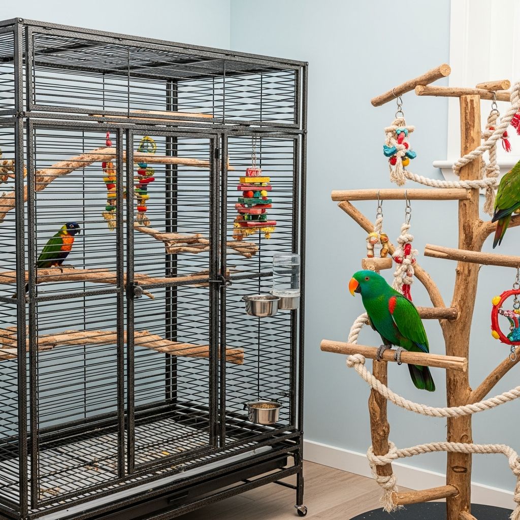 Complete guide to choosing safe, spacious parrot cages and enriched play environments.