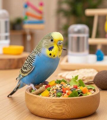 Complete guide to feeding budgies: pellets, vegetables, fruits, and healthy diet tips.