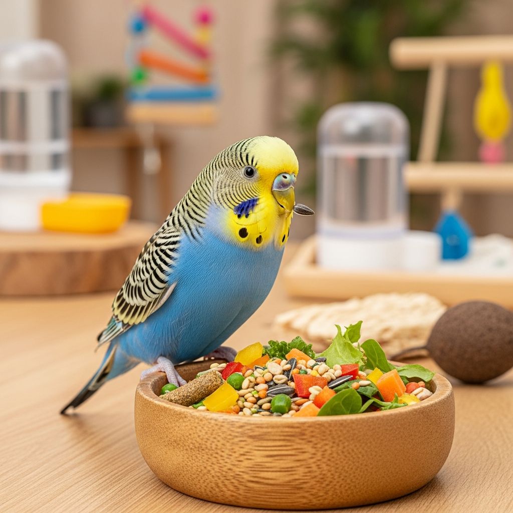 Complete guide to feeding budgies: pellets, vegetables, fruits, and healthy diet tips.