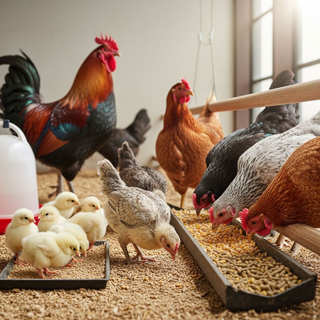 Complete guide to feeding chickens at every stage of life for optimal health and egg production.