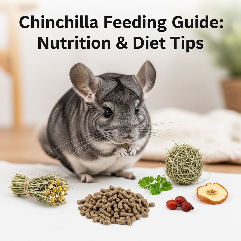 Complete guide to feeding chinchillas: hay, pellets, treats, and nutritional requirements.