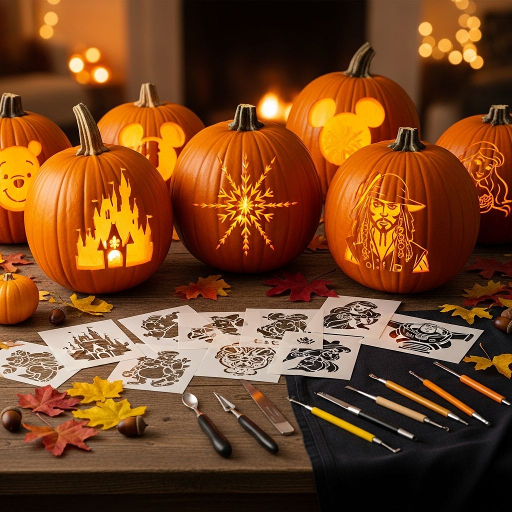 Transform your pumpkins with beloved Disney character stencils for magical Halloween decorations.