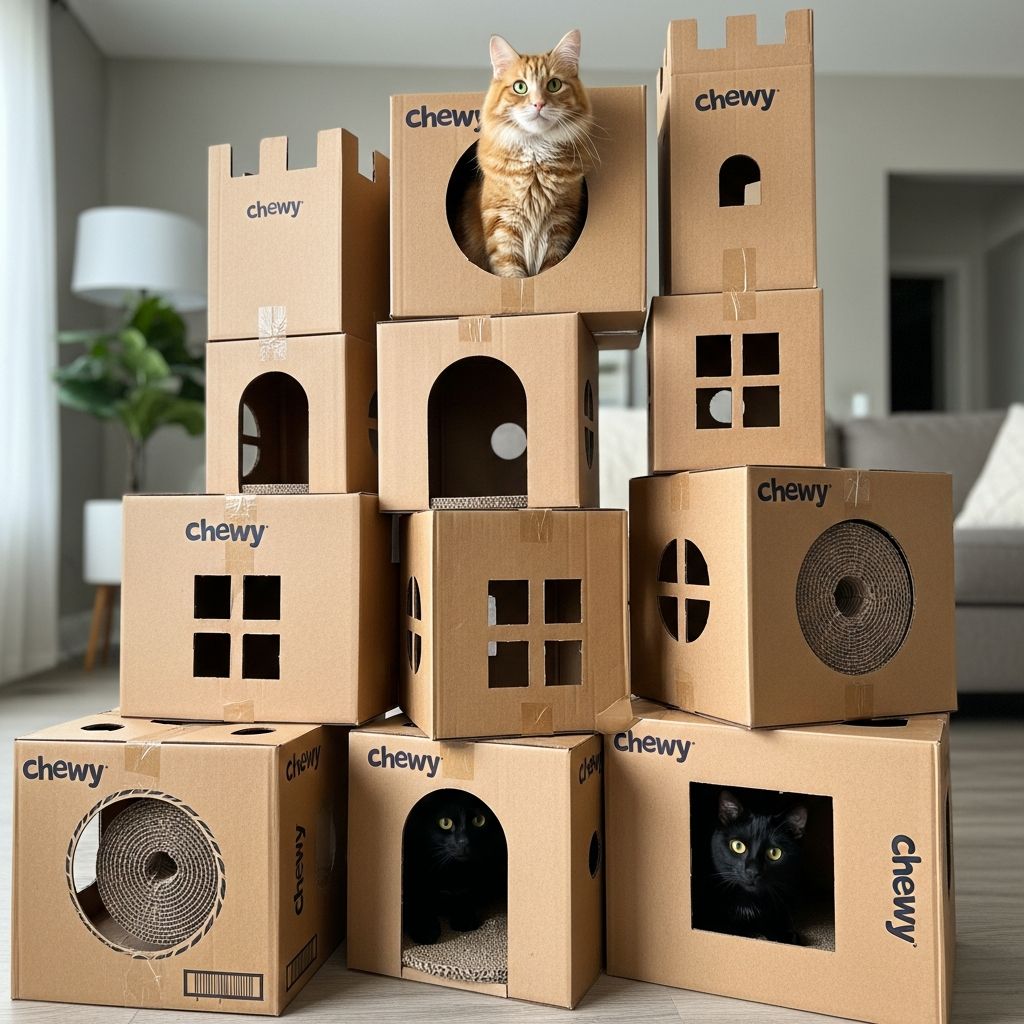 DIY Cat Castle: Transform Chewy Boxes Into Feline Furniture Create a royal palace for your feline friend using simple Chewy boxes and basic crafting supplies.