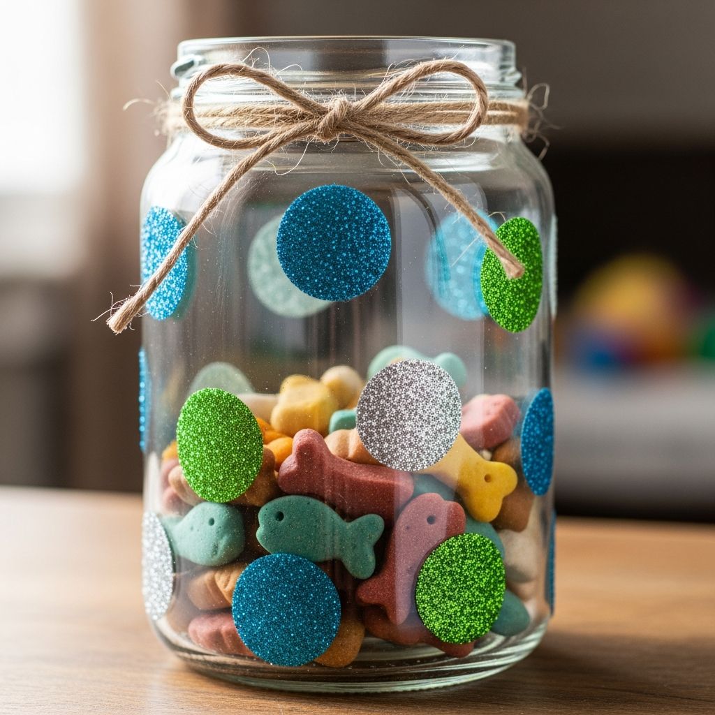 DIY Glitter Polka Dot Treat Jar for Pets Create a sparkly, personalized treat jar for your furry friend with this fun DIY craft project.