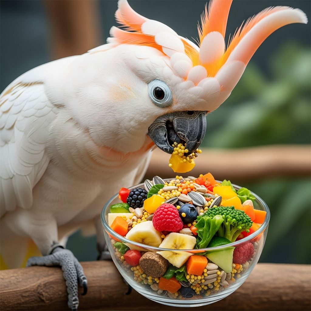 Feeding Pet Cockatoos: Complete Nutritional Guide Learn the optimal diet for pet cockatoos with pellets, fruits, vegetables, and seeds.