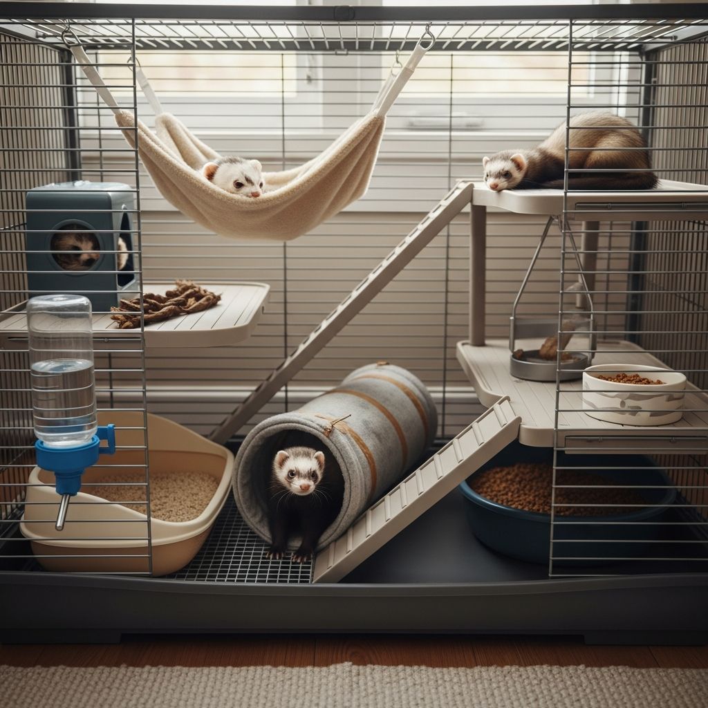 Create a safe, comfortable home for your ferret with proper housing setup and environmental conditions.