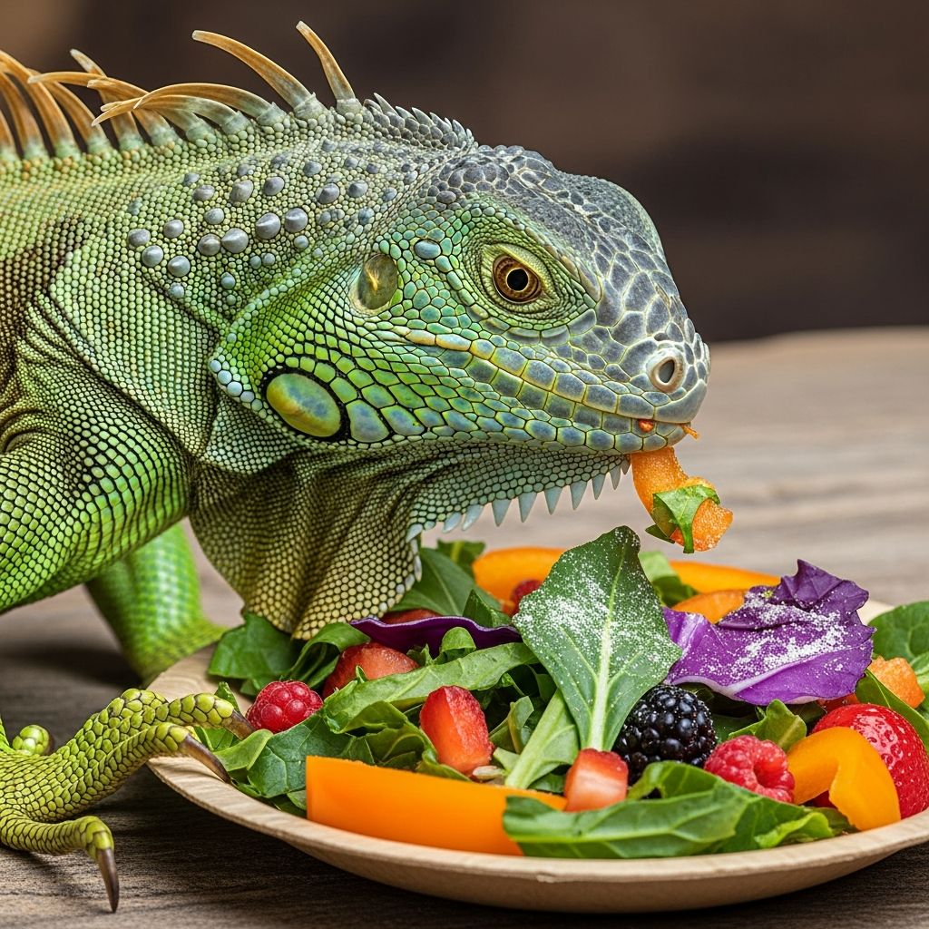 Complete guide to feeding iguanas: diet composition, feeding schedules, and nutritional requirements.