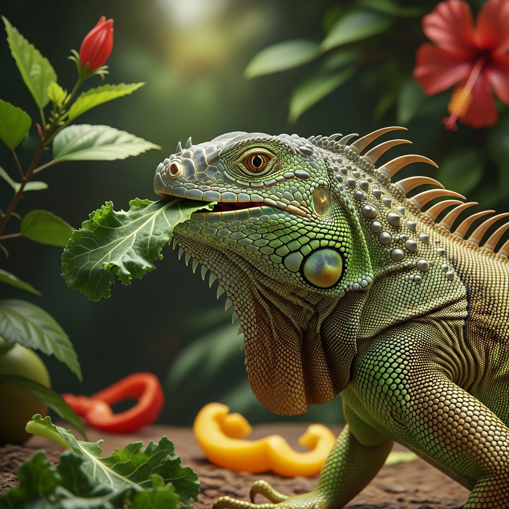 Complete iguana feeding guide covering diet composition, plant materials, supplements, and age-specific feeding schedules.