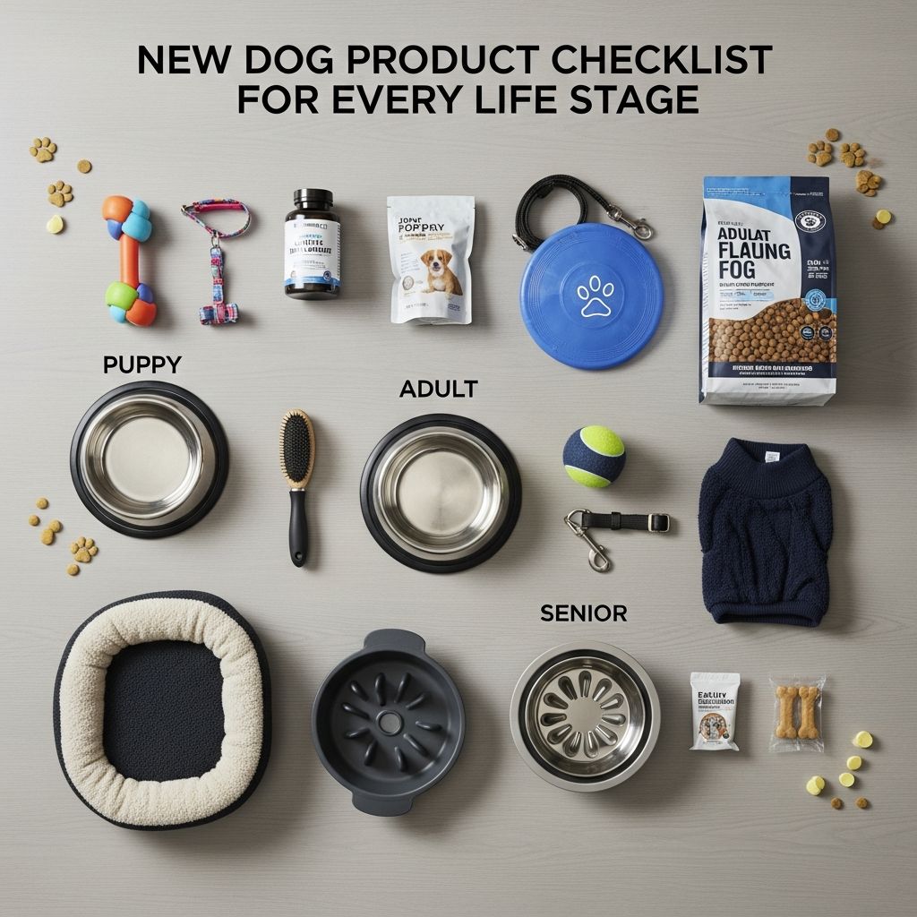 New Dog Product Checklist for Every Life Stage Complete guide to essential dog supplies for puppies, adults, and senior dogs.