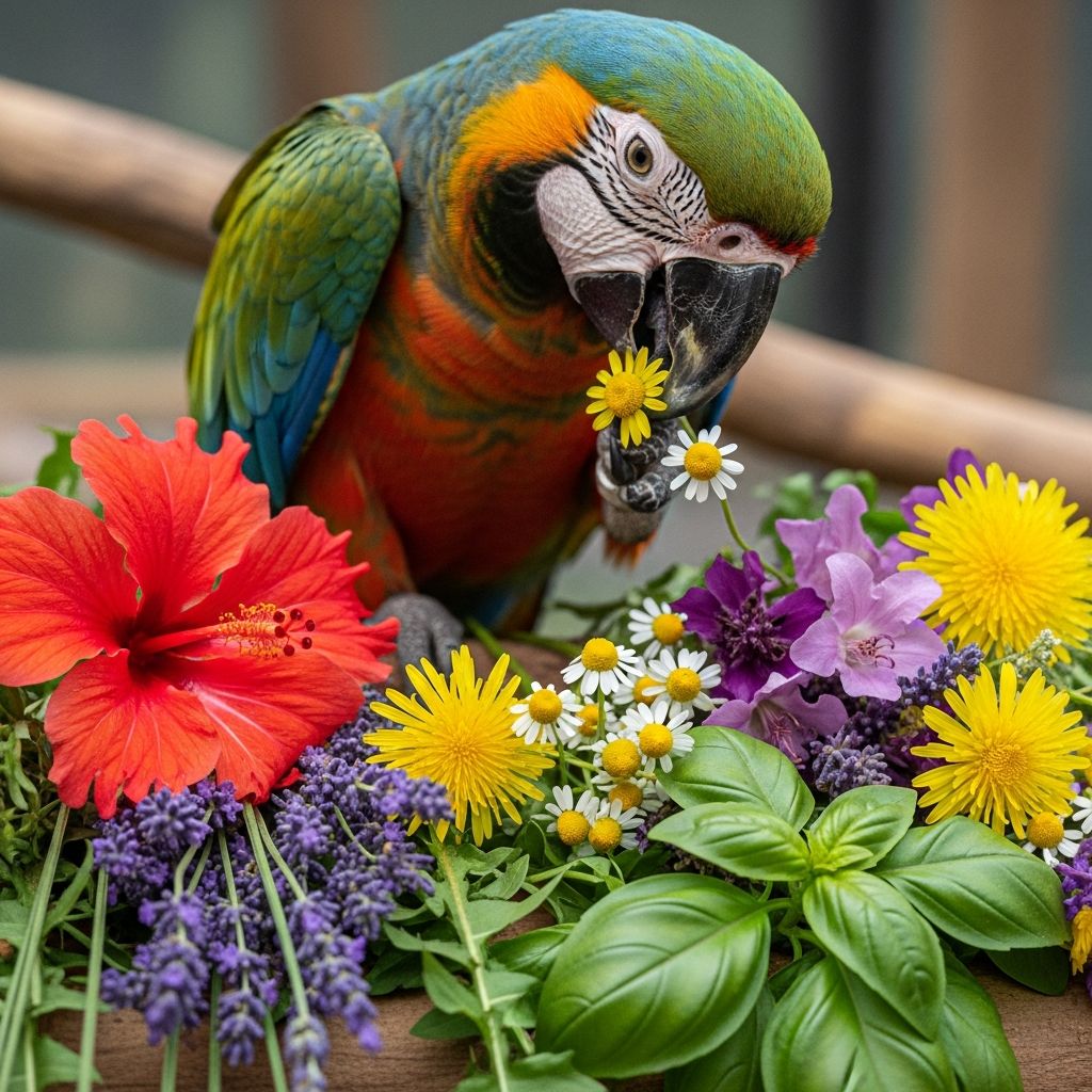 Discover how bird-safe flowers and herbs enhance parrot wellness and mental stimulation.