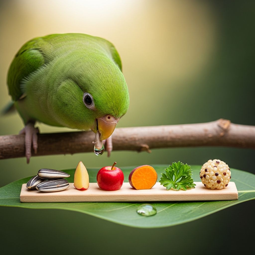 Complete guide to parrotlet nutrition: pellets, fresh foods, and healthy feeding practices.