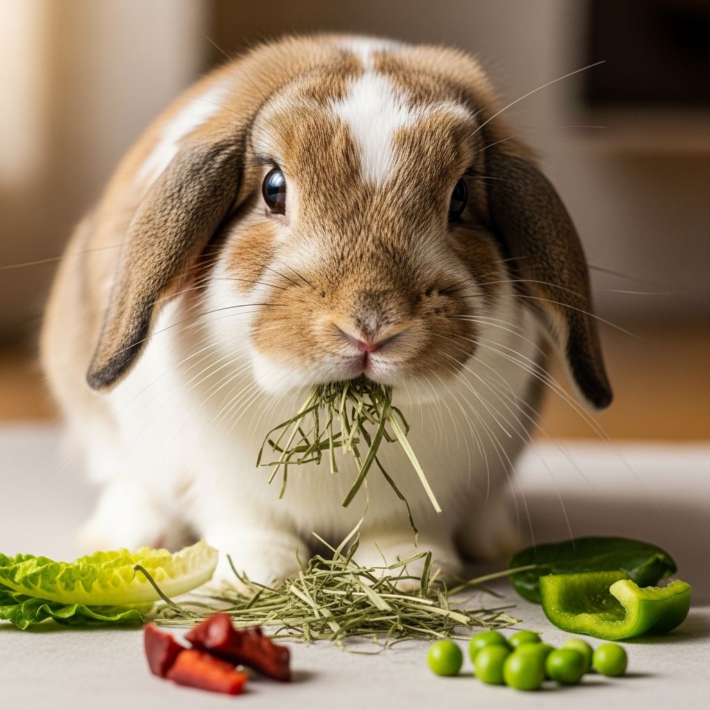 Complete guide to balanced rabbit nutrition: hay, vegetables, pellets, and treats.