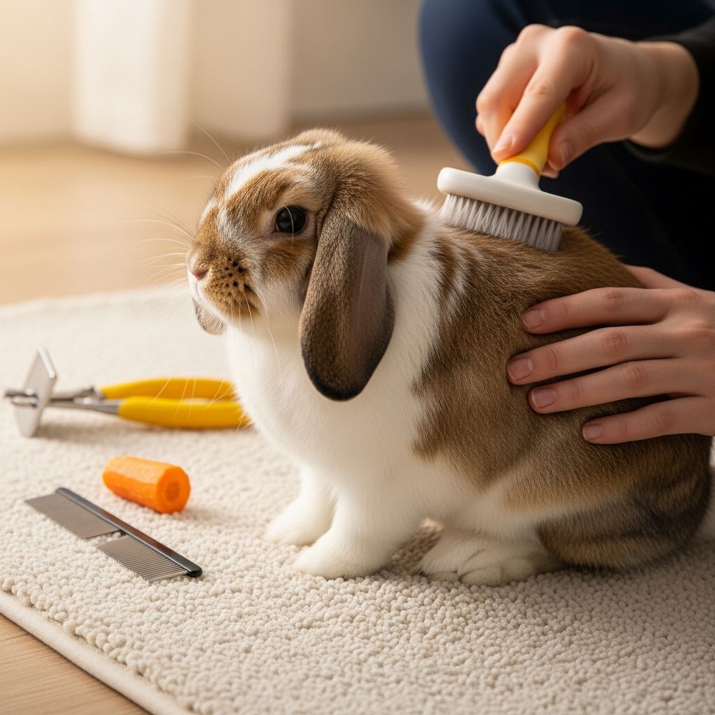 Complete guide to rabbit grooming: brushing techniques, nail care, and essential health maintenance.