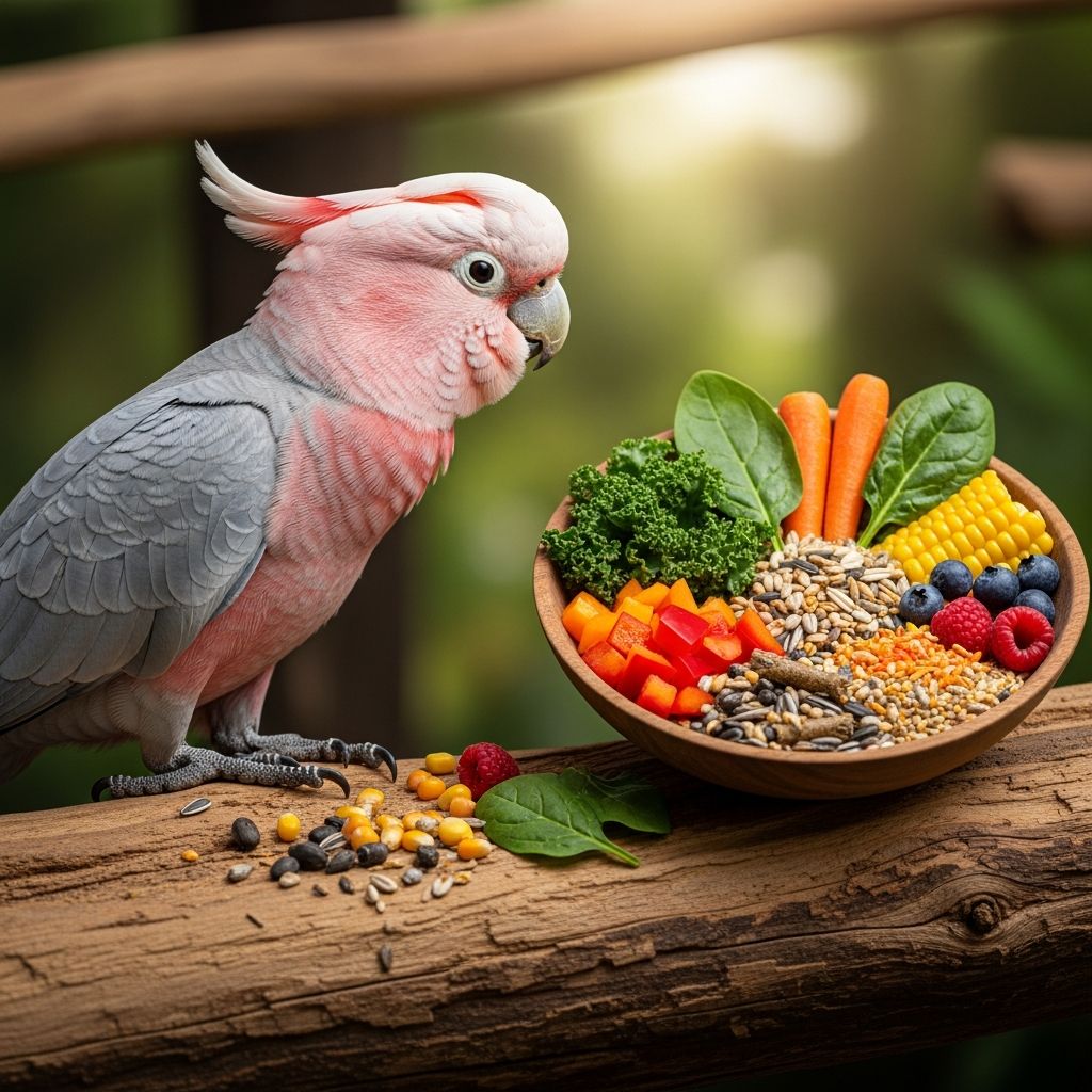 Complete nutritional guide for rose-breasted cockatoos: pellets, fruits, vegetables, and healthy feeding practices.