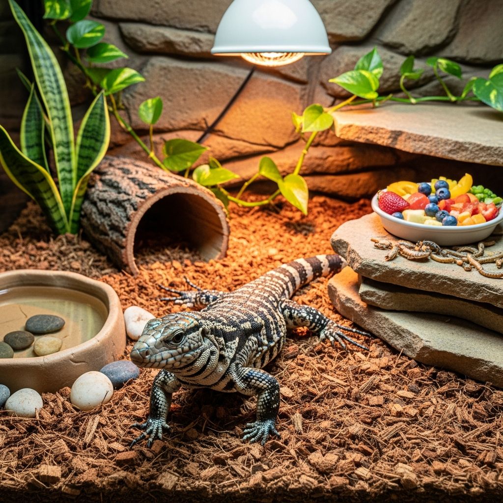 Master tegu care with expert guidance on housing, nutrition, lighting, and temperament management.