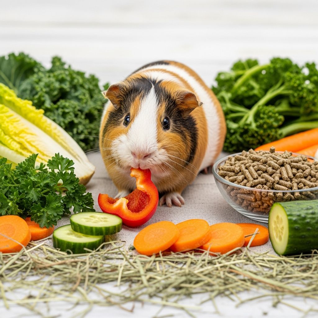 Learn the complete guinea pig diet including hay, pellets, vegetables, and vitamin C requirements.