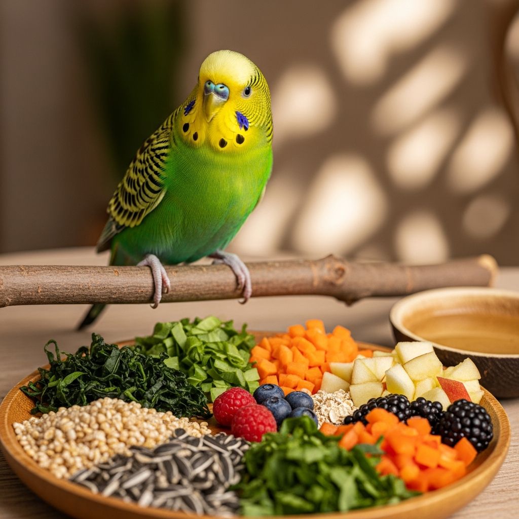 Complete guide to parakeet nutrition: pellets, seeds, fruits, vegetables, and safe treats.