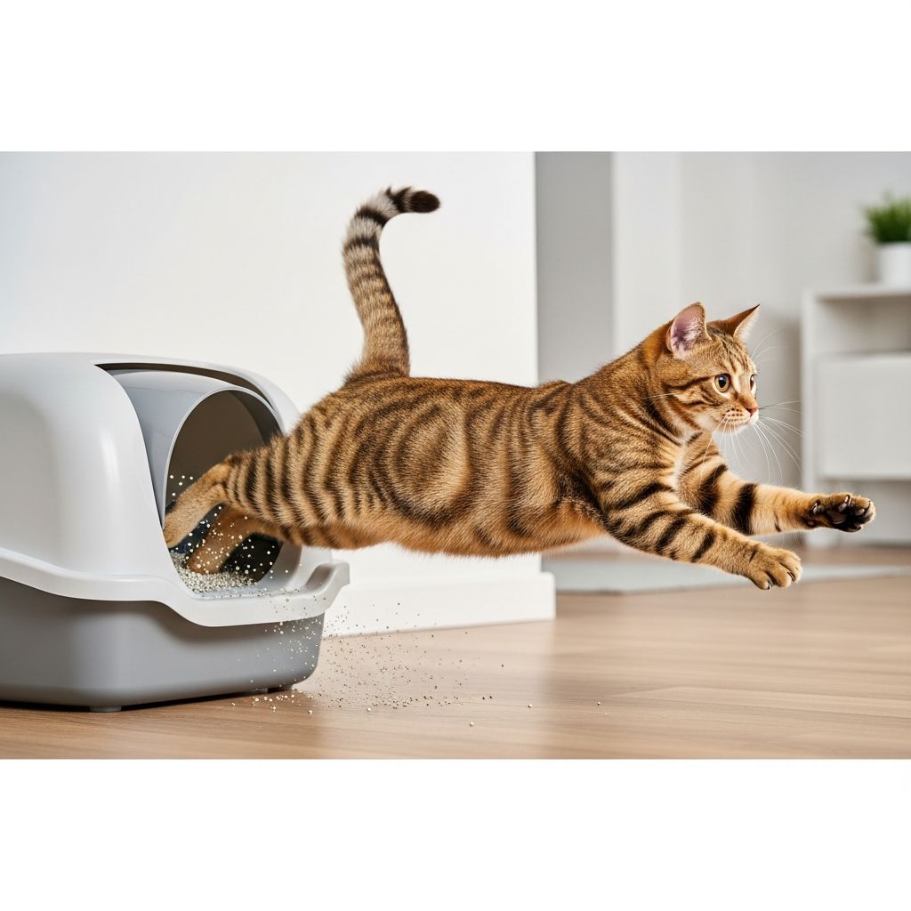 Why Do Cats Run Out of the Litter Box After Using It? Understanding your cat's post-litter box behavior and when to worry about feline health.