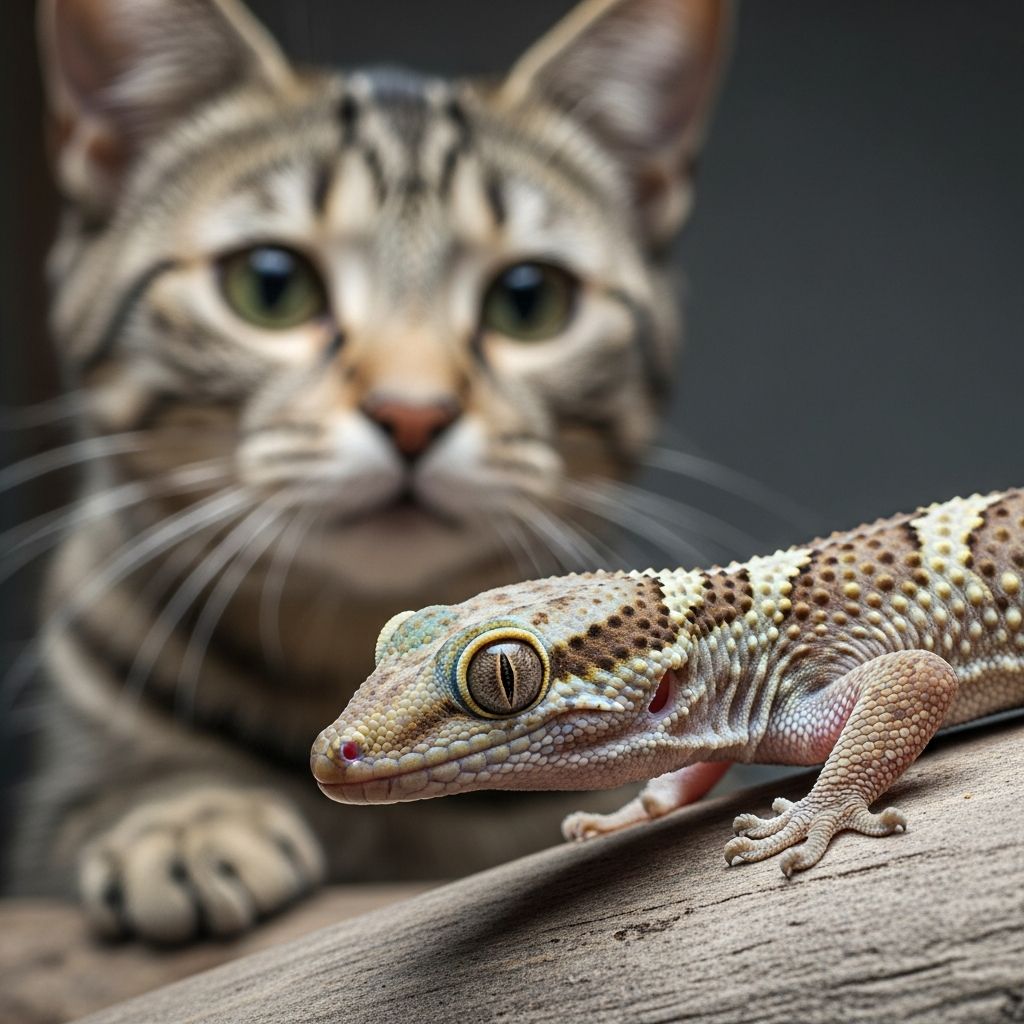 Vet-reviewed facts on gecko risks to cats: not poisonous but potential liver fluke carriers causing serious health issues.