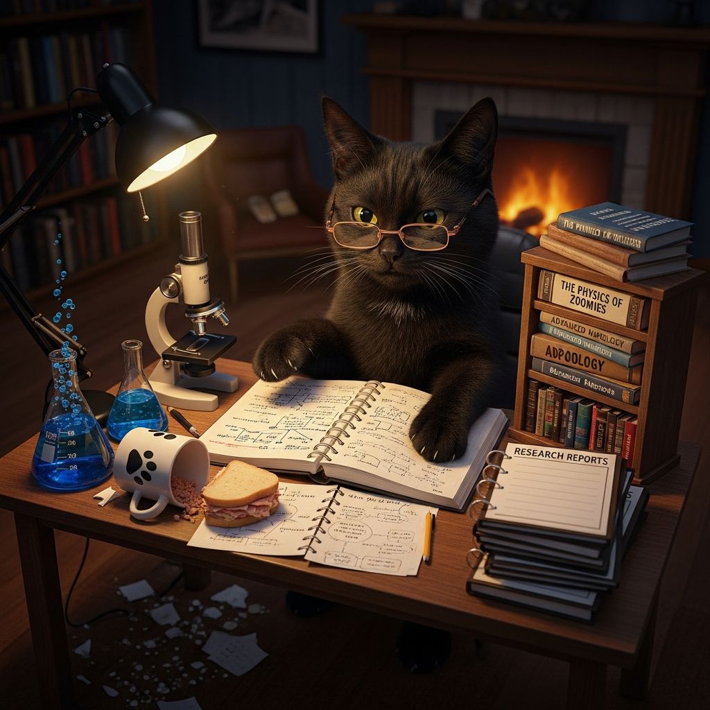 Cheekiness by Design: A Black Cat’s Research Report on Household Science A black cat's hilarious scientific investigation into household mysteries, from sock portals to laser physics and human behavior quirks.
