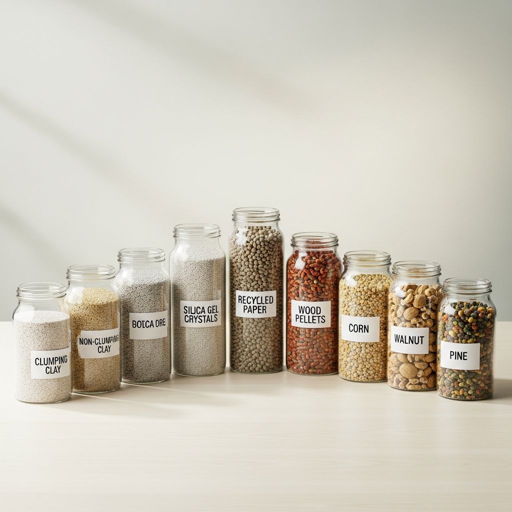 Types of Cat Litter: Complete Guide to 9 Options Discover 9 types of cat litter: clay, silica gel, pine, corn, grass, wheat, walnut, paper, and crystal.