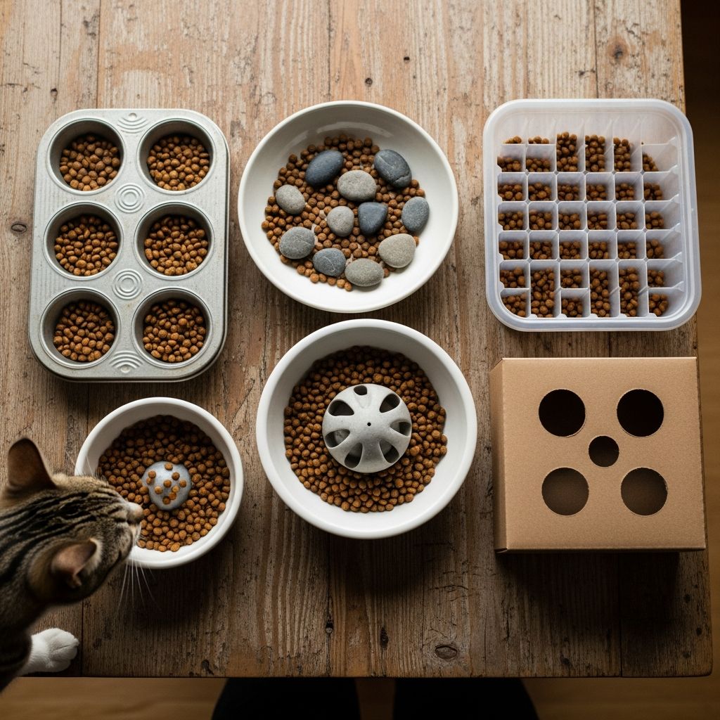 5 Vet Approved DIY Slow Feed Cat Bowls (With Pictures) Create affordable, vet-approved slow feed cat bowls at home to prevent fast eating, reduce vomiting, and enrich your cat's mealtime.
