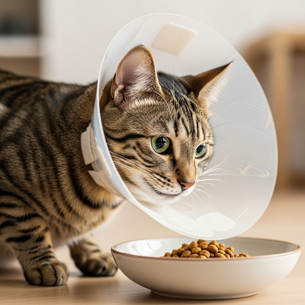 Vet-approved tips to help your cat eat comfortably while wearing an Elizabethan collar after surgery.