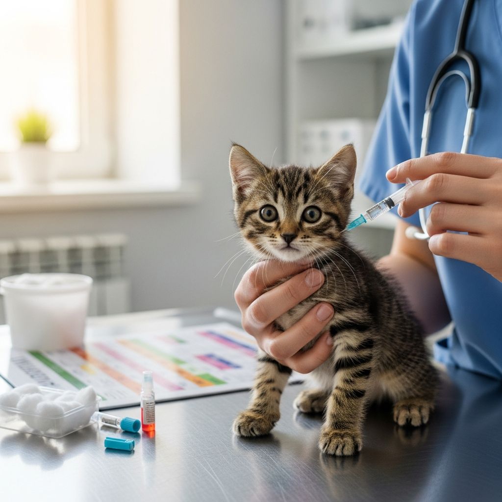 Complete kitten vaccination timeline from 6 weeks to 1 year with essential core and optional vaccines.