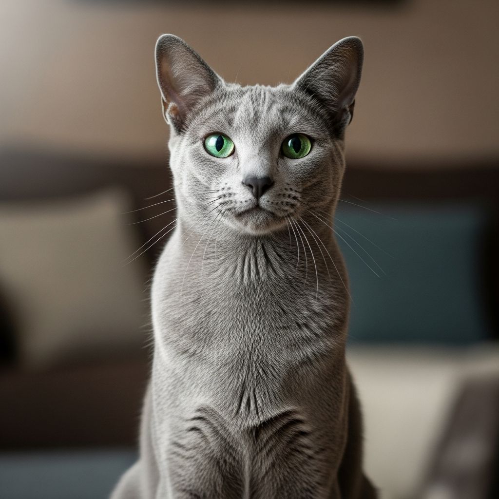 Discover the elegant Russian Blue cat: loyal, playful, and known for its shimmering blue coat and vivid green eyes.