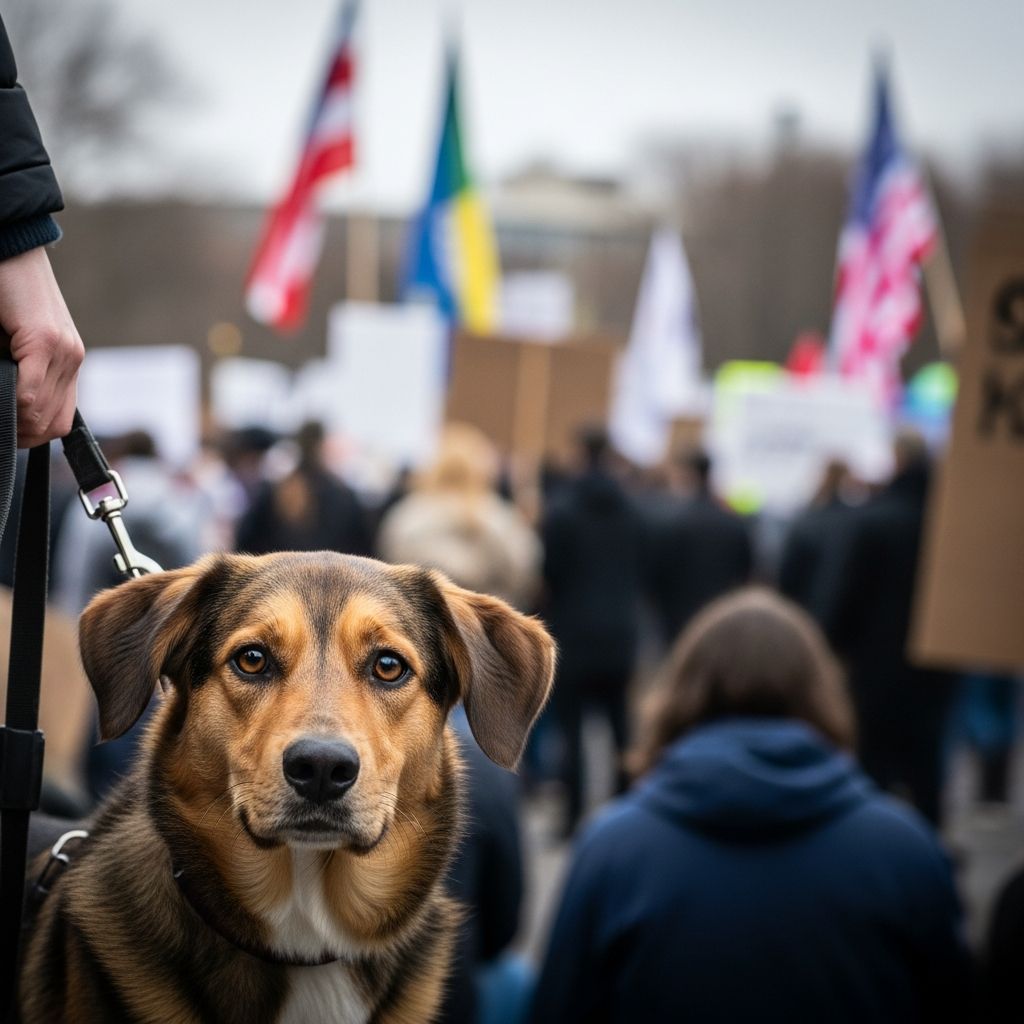 Weighing the risks and realities of bringing your dog to political demonstrations for activism and companionship.
