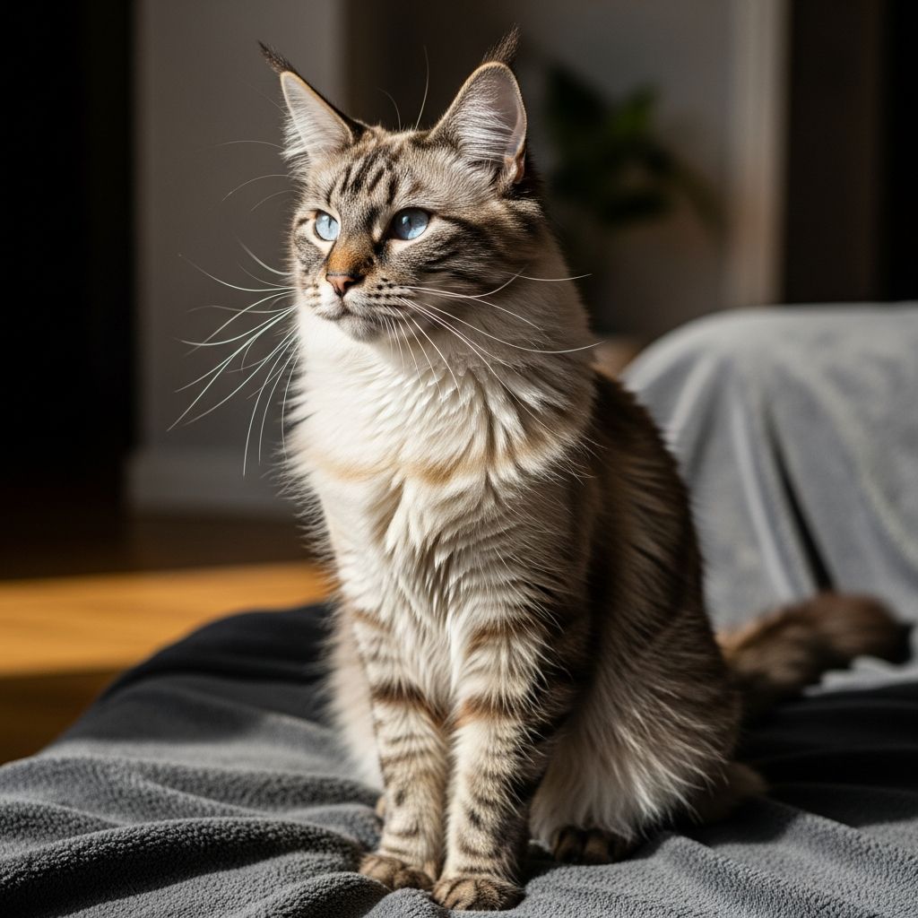 Discover the captivating blend of Siamese elegance and Maine Coon majesty in this hybrid feline companion.