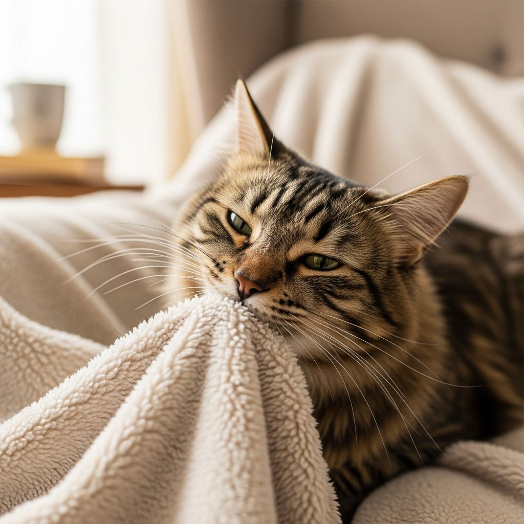 Uncover the reasons behind your cat's quirky blanket-sucking habit and learn when to worry.