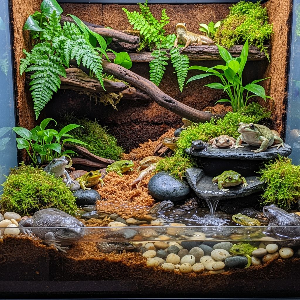 Master the art of creating thriving habitats for amphibians with expert guidelines on enclosures, water, feeding, and health maintenance.
