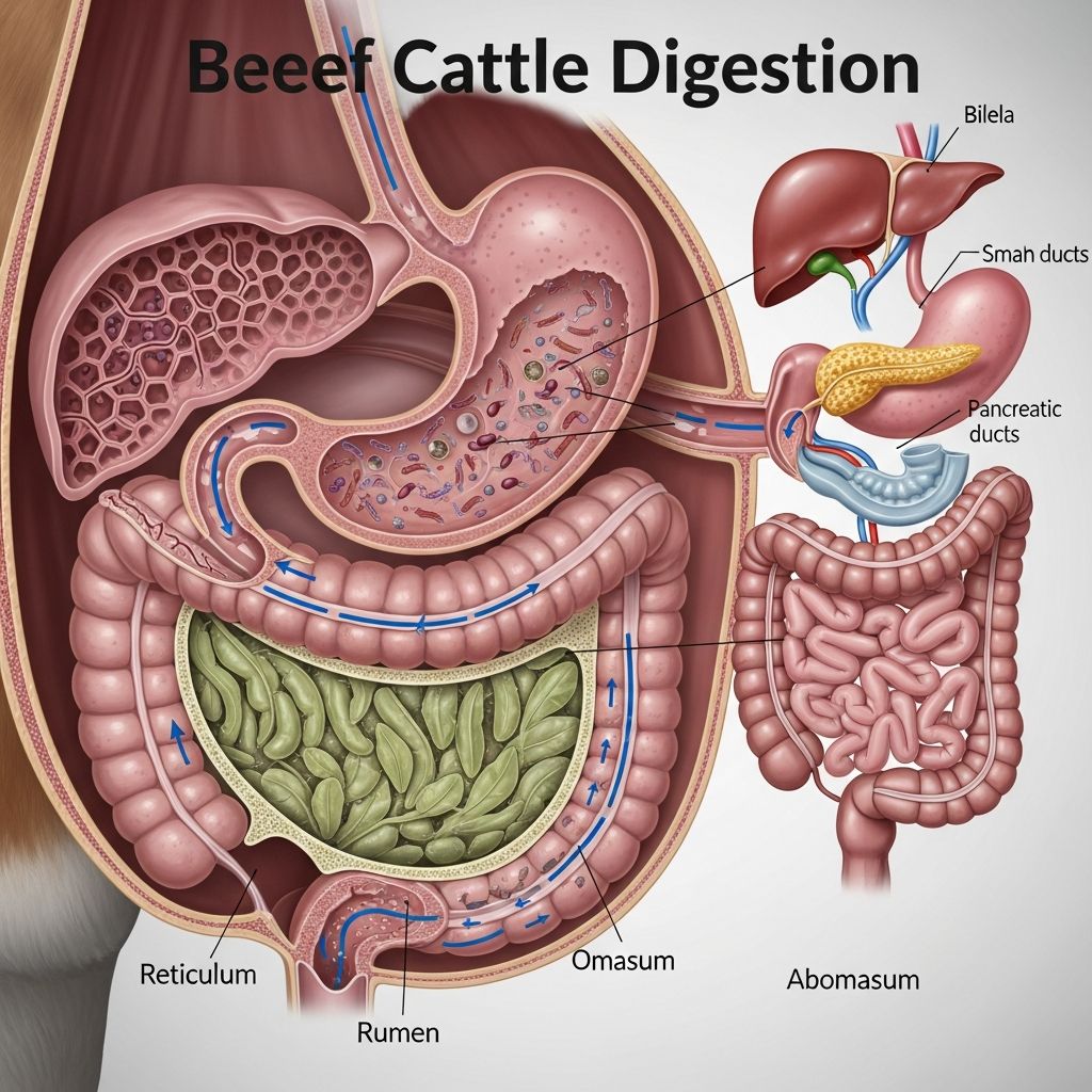 Explore the remarkable ruminant digestive system that enables beef cattle to thrive on fibrous forages through microbial fermentation and multi-compartment processing.