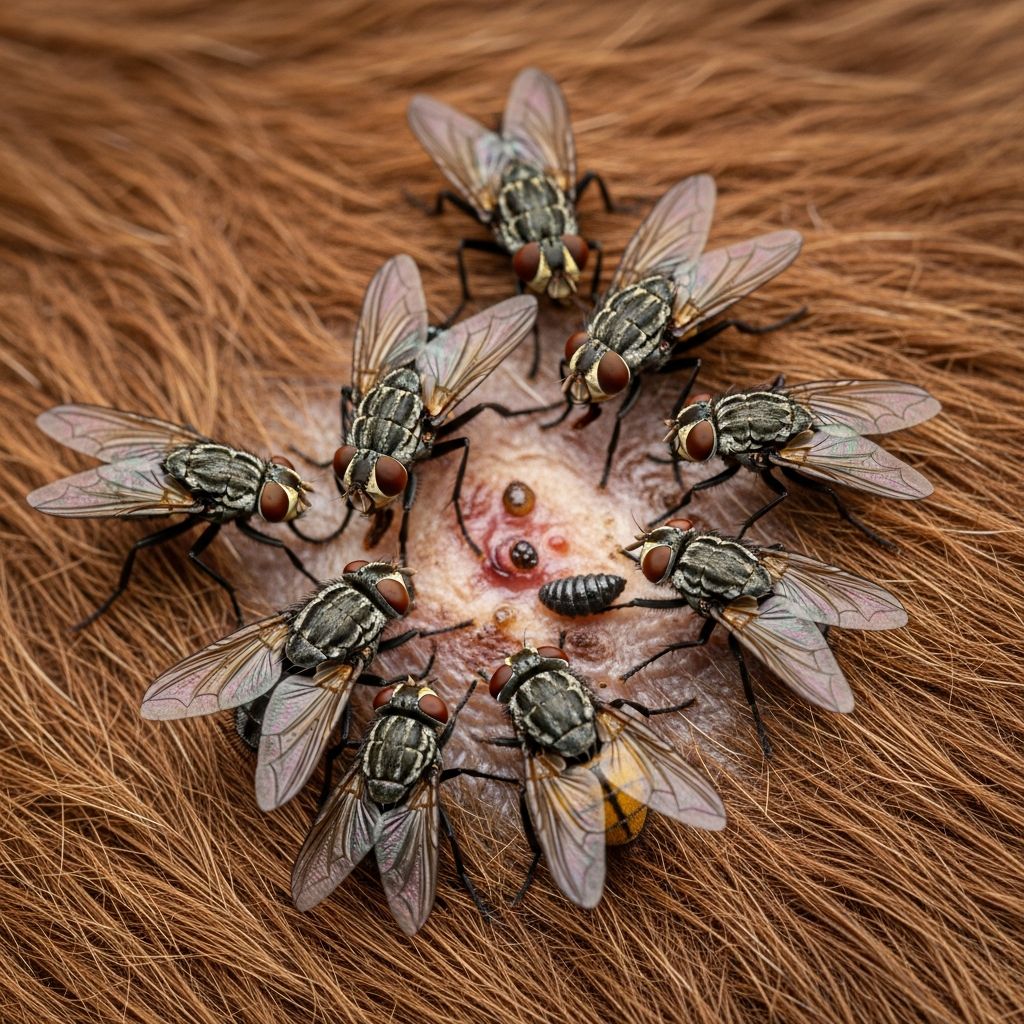 Flies Causing Facultative Myiasis in Animals Discover the risks, signs, and prevention of fly larvae infesting animal wounds and soiled areas.
