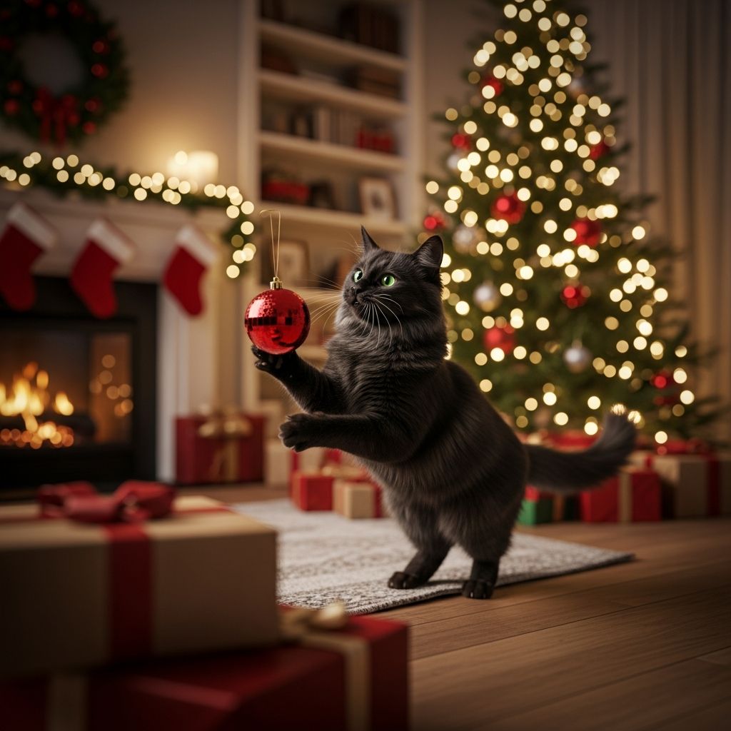 Discover essential strategies to protect your feline friend from festive dangers like toxic decorations, tempting foods, and chaotic gatherings this holiday season.