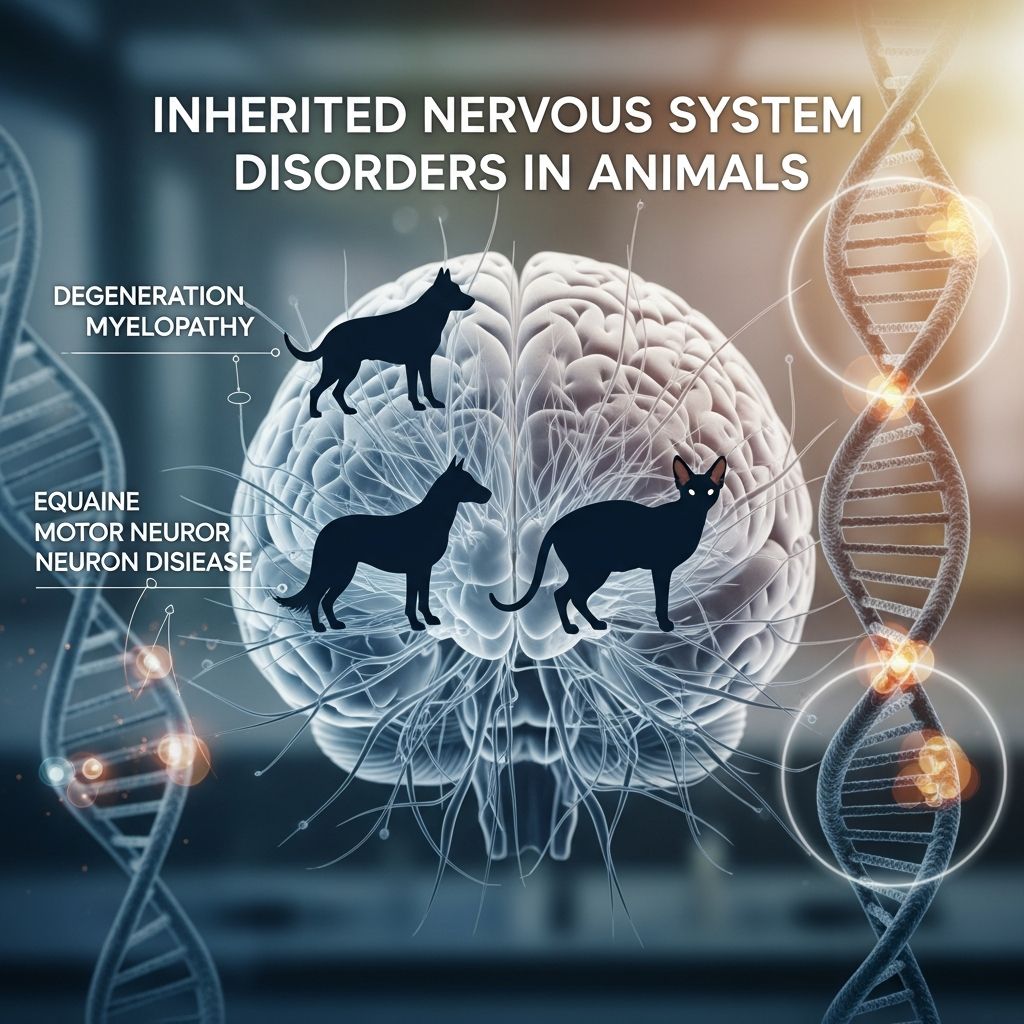 Exploring genetic and birth-related neurological conditions affecting pets and livestock, their symptoms, breeds at risk, and management strategies.