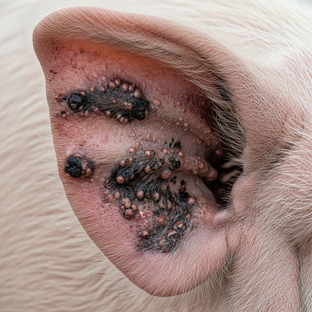 Understanding the causes, symptoms, and prevention strategies for necrotic ear syndrome in swine production systems.