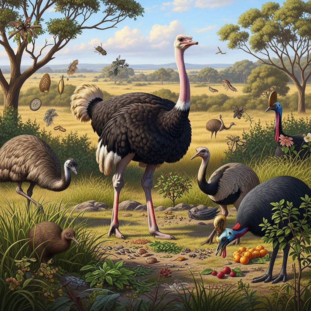 Comprehensive feeding strategies for ostriches, emus, rheas, and other ratites across all life stages to optimize health and production.
